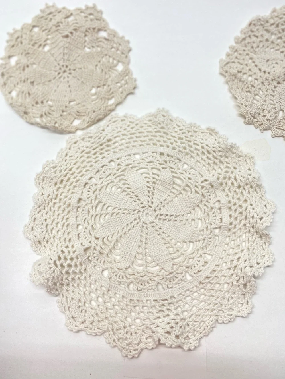 Vintage Handmade Crocheted Doilies Lot of 3 Cream Beige Grandma Core Round